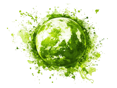 Green sphere surrounded by splash of bright hues