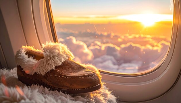 Cozy slippers by airplane window at sunset