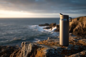 metal water bottle on rugged coastal rocks at sunset, outdoor lifestyle scene for outdoor gear, travel, and wellness brands