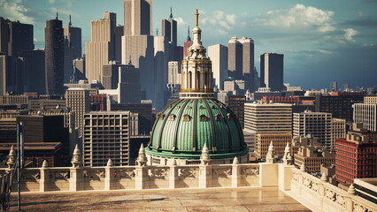 A stunning view of a historic dome surrounded by modern skyscrapers in a bustling city. The scene...