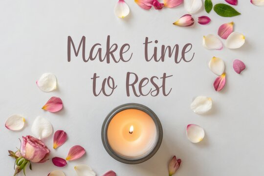 Candle with petals and text inspiring rest and relaxation