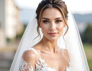 A radiant bride poses outdoors. She wears a white gown with delicate lace details and a soft veil, a serene smile graces her face