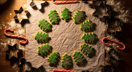 Overhead shot of festive christmas tree cookies arranged in a circle with candy canes and starshaped cookie cutters on parchment paper, creating a cozy and inviting scene