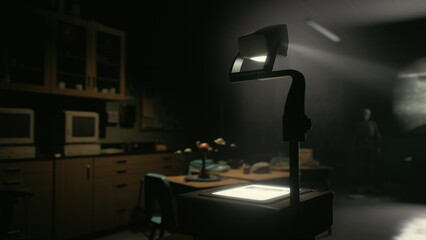 An old classroom is illuminated by a single overhead projector, casting shadows on dusty furniture. The atmosphere feels eerie with dim lighting and an unknown figure lurking in the background.
