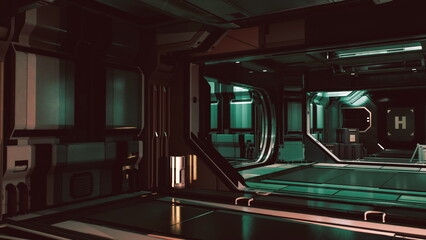 In a dimly lit corridor of a modern space station, neon lights softly illuminate sleek metal walls. Shadows dance as the environment hints at advanced technology and exploration. © icetray