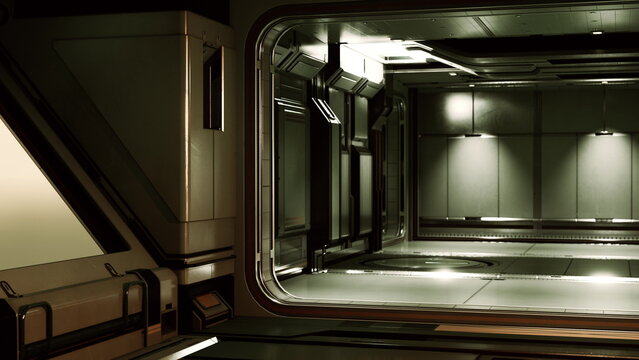 A modern spaceship corridor features smooth metallic surfaces and subtle lighting. The design is minimalistic, evoking a sense of exploration and adventure in a distant universe.