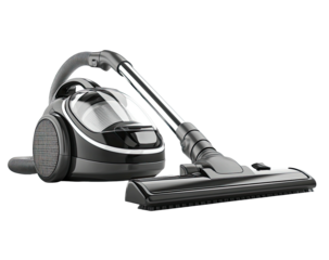 Shiny black canister vacuum with metallic pipe and brush on black background