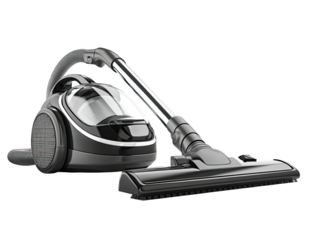 Shiny black canister vacuum with metallic pipe and brush on black background