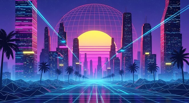 Vaporwave Cityscape with Retro Sun and Palm Trees. - Powered by Adobe