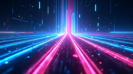 Abstract futuristic digital highway with glowing blue and pink light trails moving at high speed. - Powered by Adobe
