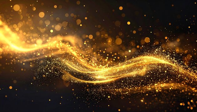 A mesmerizing abstract composition featuring luminous golden particles swirling against a deep, dark backdrop, creating a sense of elegance
