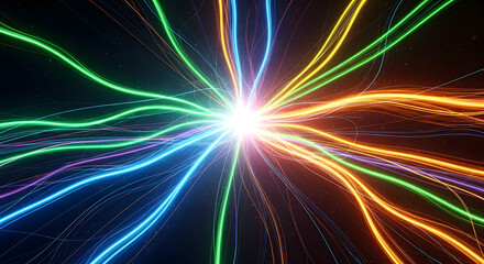 Abstract glowing neon light streaks radiating from a bright central point in a dark, futuristic, digital art background, vibrant energy burst