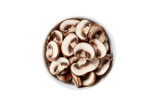 Bowl of sliced mushrooms isolated on transparent background