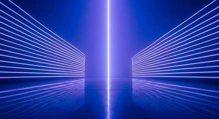 Abstract futuristic tunnel with glowing purple neon lights reflecting on a mirrored floor creating an immersive digital experience