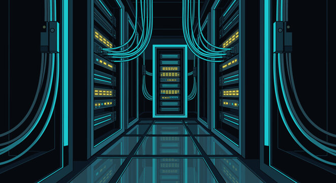 Modern server room with glowing lights and glass floor, ideal for technology, data center and futuristic concepts, conveys innovation and digital infrastructure