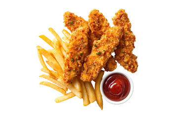 Crispy chicken fingers and fries with ketchup isolated on transparent background