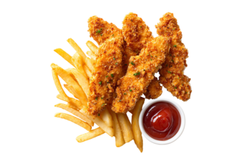 Crispy chicken fingers and fries with ketchup isolated on transparent background