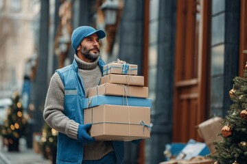 Delivery man carrying stack of packages in city street.