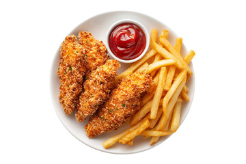 Crispy chicken strips and french fries with ketchup isolated on transparent background