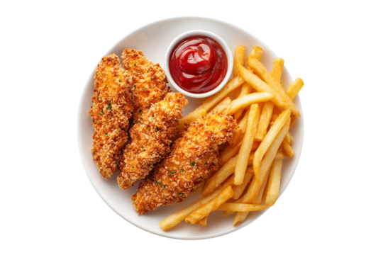 Crispy chicken strips and french fries with ketchup isolated on transparent background