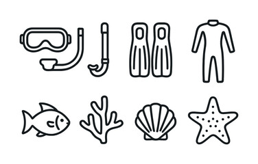 Naklejka premium Vector Diving gear and marine life icons: mask, snorkel, fins, wetsuit, fish, coral, shell, starfish