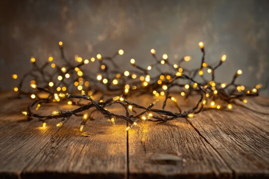warm yellow string lights glow on rustic wooden table, cozy decorative holiday lighting creating a soft, intimate mood; banner friendly depiction for christmas, home decor, or festive campaigns