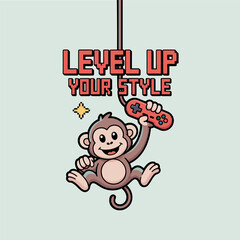 cheeky monkey gamer, hanging on rope, handheld controller swing, level up style, playful jungle mascot, fun vector design