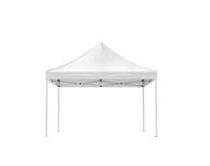 A crisp white pop-up canopy is centered, showcasing metal supports and a peak against a stark black background