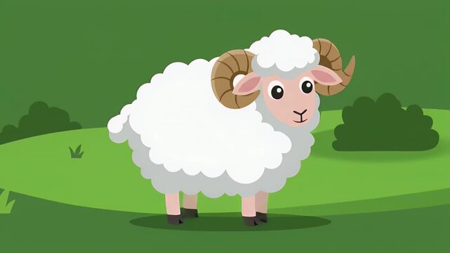 A cheerful cartoon illustration of a sheep standing in a green field, smiling with curved horns