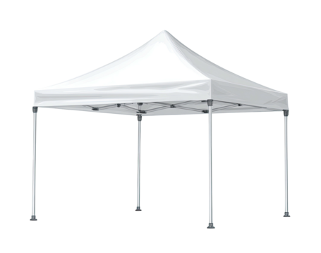 A digitally rendered, white canopy tent on a black background. It appears to be open for use