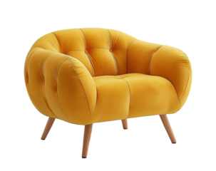 Button-tufted, curved yellow armchair with thin legs, against a black background