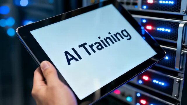 A hand holds a tablet displaying "AI Training" in front of a data center's server racks, symbolizing technological advancement.