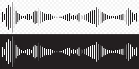 Podcast wave sound patterns with black bars for audio visualization or recording interfaces. Waveforms with varying frequencies and amplitudes. Minimalist design elements for music production software