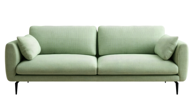A modern, mint-green, two-seater sofa with rounded corners, black legs, and two cushions