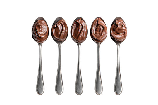 Five spoons filled with chocolate spread isolated on transparent background