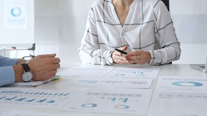 Business team meeting with financial documents and charts, discussing data analysis, planning strategies, and corporate success during collaborative teamwork session