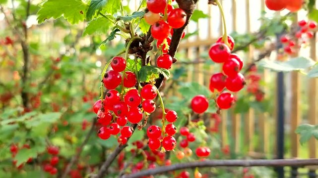 Ripe red currants on garden branch macro berry clusters. Appetizing red currant berries