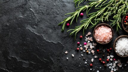 Overhead shot of pink and white sea salt in small bowls, alongside fresh rosemary sprigs and peppercorns scattered on a dark stone surface, leaving ample negative space