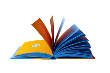 An open book displays a vibrant interplay of colors and textures. Pages fan outward, inviting engagement