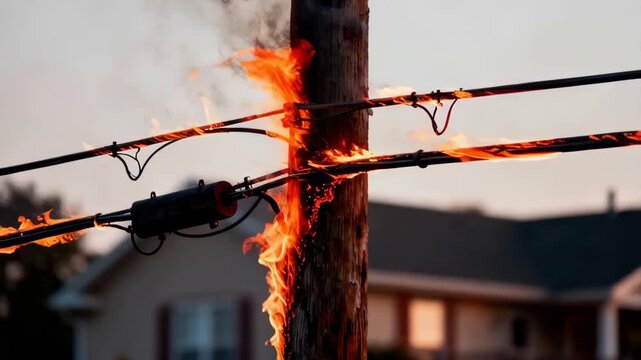 A close-up shot of a burning utility pole and power lines, with flames engulfing the structure and wires, against a residential background at dusk.