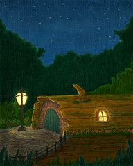 a house made from bark in the middle of the wood at the dark night illustration. a hand painted digital art scenery