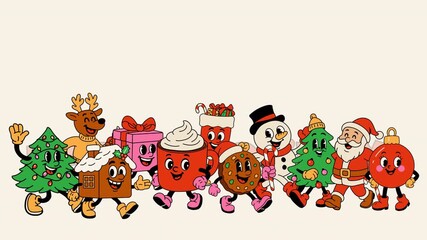 Happy Holidays Cartoon Art with Running Characters. Loop Animation. Alpha channel transparency	