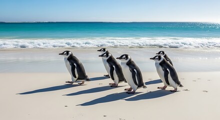 Fototapeta premium Penguins waddling on a sandy beach with turquoise water in the background.