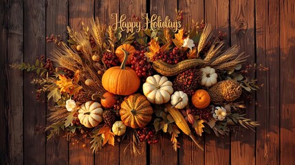 rustic holiday card featuring autumn harvest arrangement of pumpkins, gourds, wheat, berries, and fall leaves on wooden background
