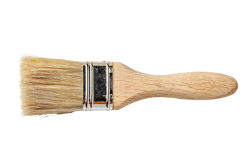 A close-up, overhead view of a new, clean paintbrush against a black background