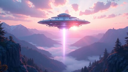 Cinematic UFO in dramatic pink and blue colors, representing an alien invasion over a mountain landscape at dusk - Powered by Adobe