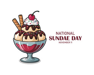 National Sundae Day vector. Chocolate ice cream cup. Decorated ice cream sundae vector. Chocolate sundae with cherry on a pink background.