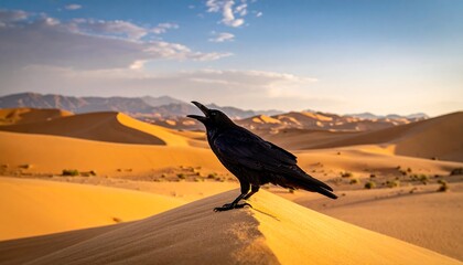 A large black bird vocalizes atop a golden sand dune. The vast desert landscape stretches toward the horizon, lit by the setting sun
