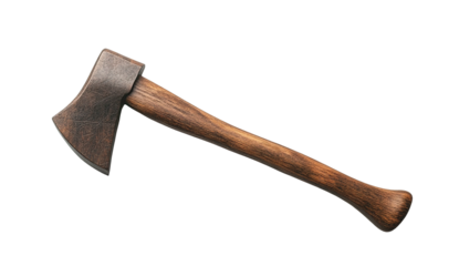 Axe with worn metal head and wood handle on a black background