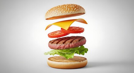 Exploded burger with sesame bun cheese tomato patty and lettuce on a plain white background